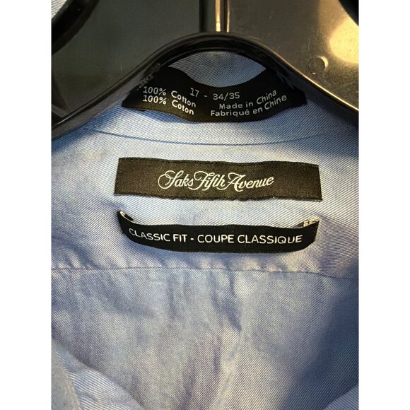 Saks Fifth Avenue Mens Blue Button-Down Shirt Classic Fit 100% Cotton 17 34/35 - Picture 2 of 3